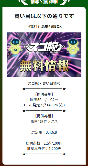 スゴ腕　無料予想　6月20日園田5R